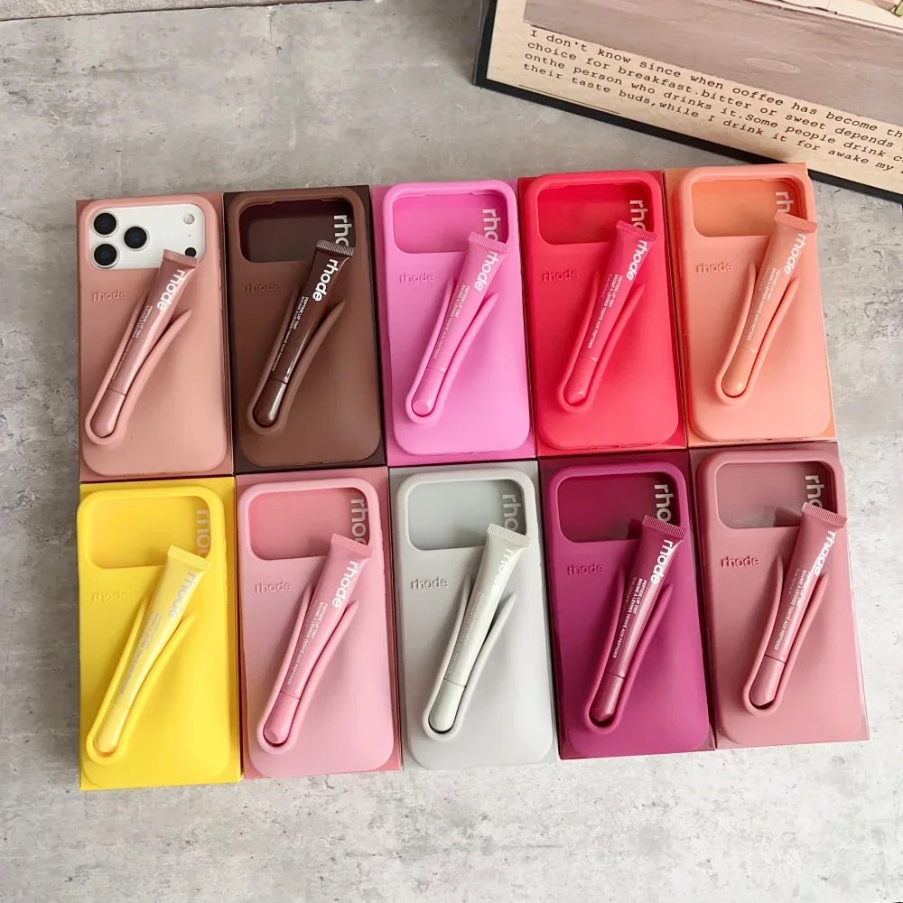 Phone Case for iPhone 17 Air 11 12 13 14 15 17 16 Pro Max Plus Lipstick Holder Lip Gloss Silicone Soft Cover With Box