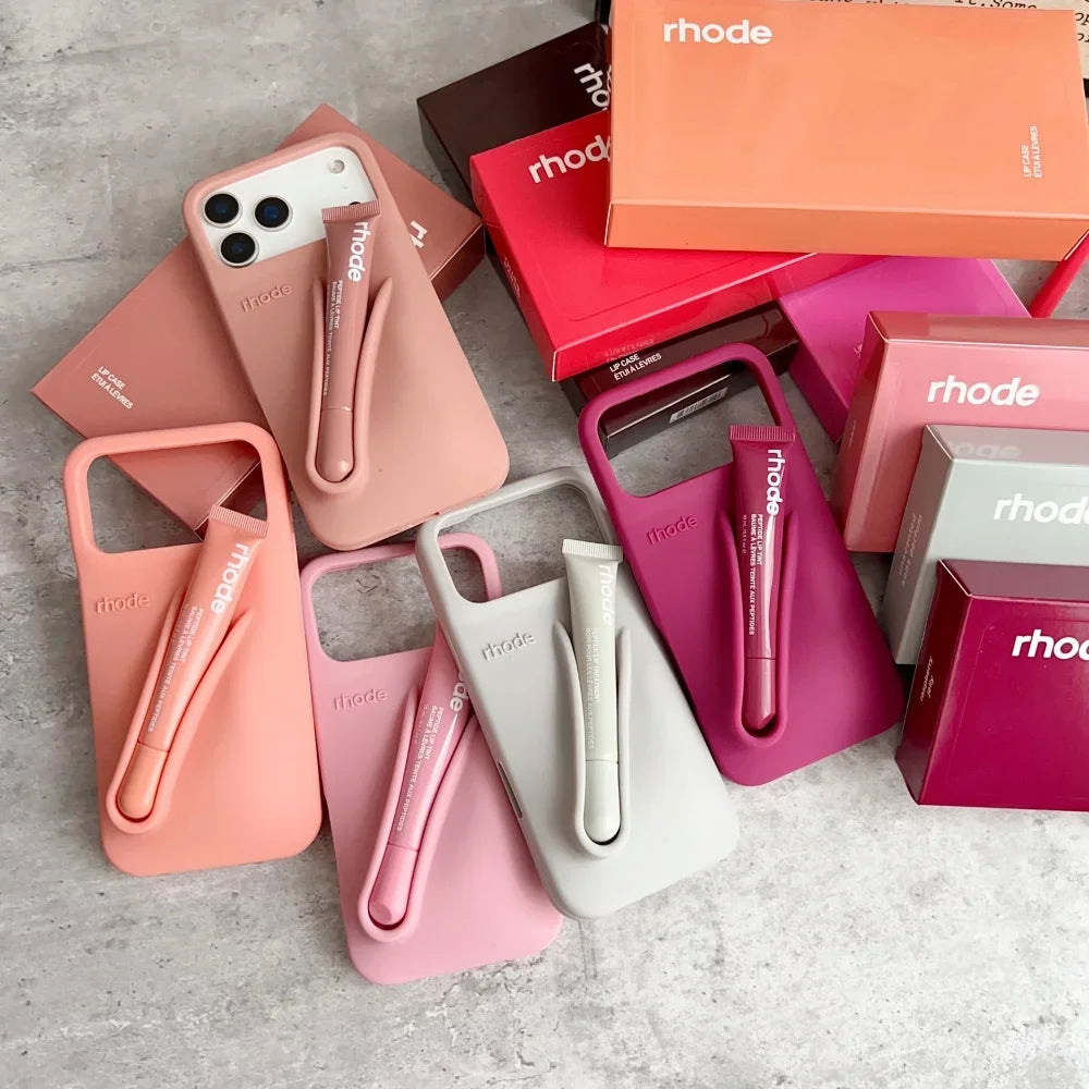 Phone Case for iPhone 17 Air 11 12 13 14 15 17 16 Pro Max Plus Lipstick Holder Lip Gloss Silicone Soft Cover With Box
