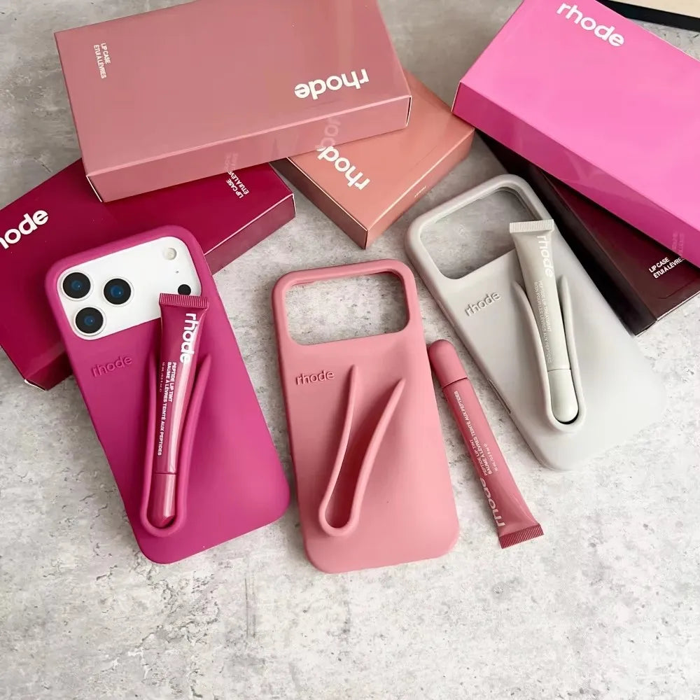 Phone Case for iPhone 17 Air 11 12 13 14 15 17 16 Pro Max Plus Lipstick Holder Lip Gloss Silicone Soft Cover With Box