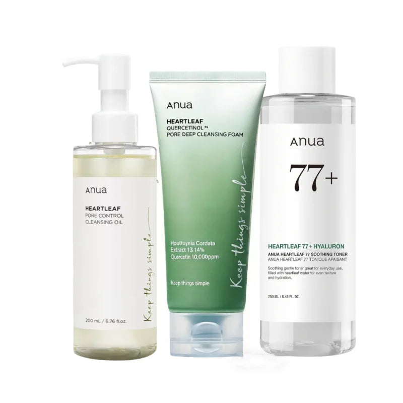 Korean ANUA Heartleaf Set 77 Soothing Acne Toner,Daily Lotion,Deep Cleansing Foam and Facial Cleansing Oil Skincare Products Set
