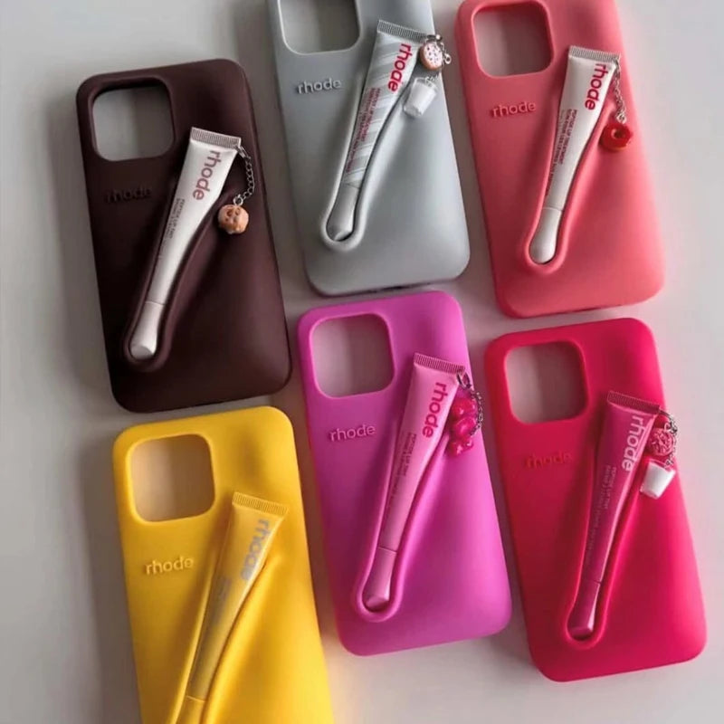 Phone Case for iPhone 17 Air 11 12 13 14 15 17 16 Pro Max Plus Lipstick Holder Lip Gloss Silicone Soft Cover With Box